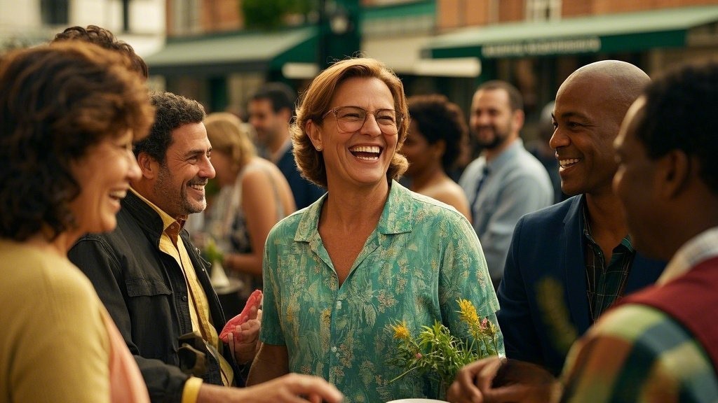 Group of diverse people socializing in a lively setting