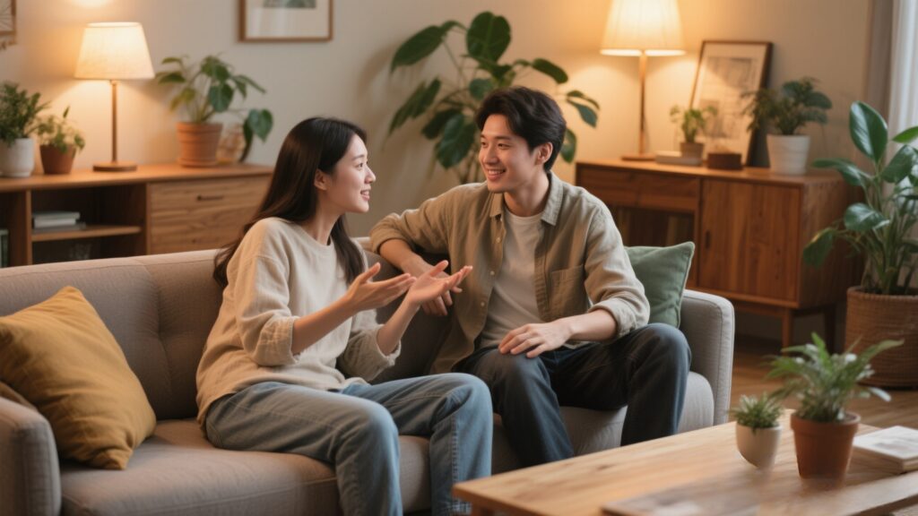 Couple discussing feelings in a cozy living room