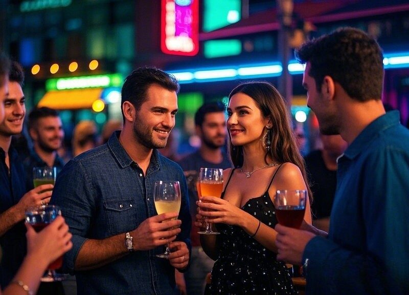 couples with friends in lively nightlife setting