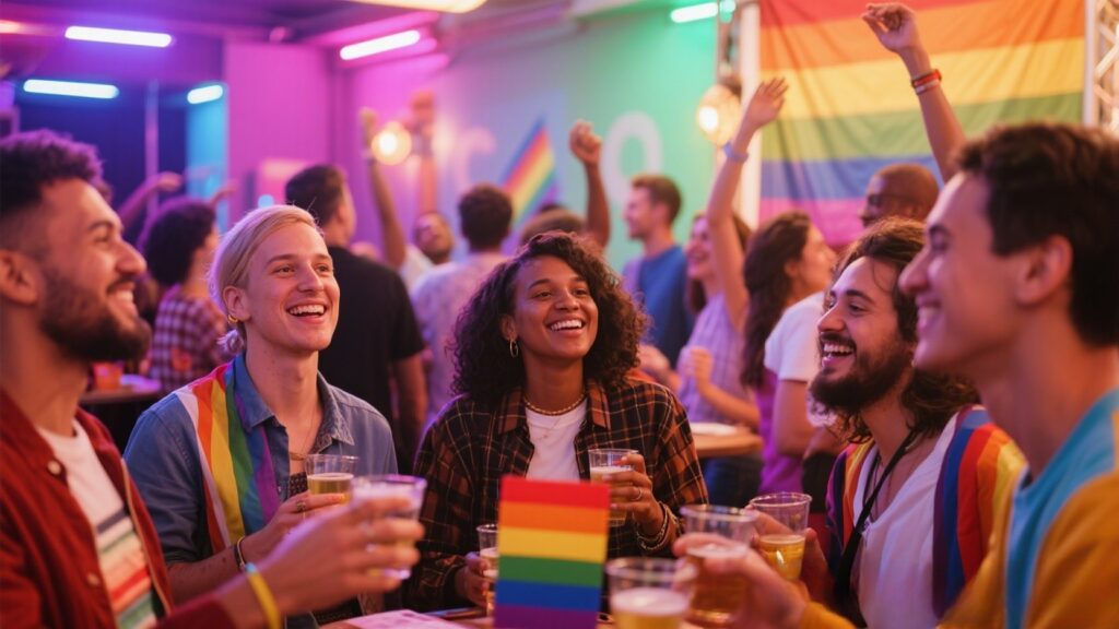 Diverse LGBTQ+ community enjoying a vibrant social gathering.