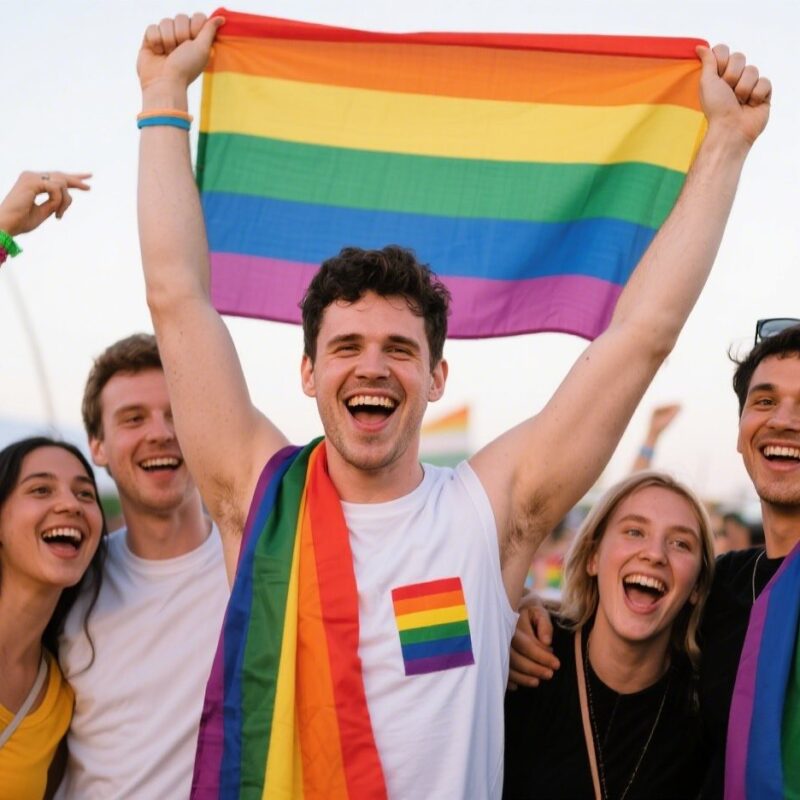 Smiling bisexual man at a colorful outdoor setting