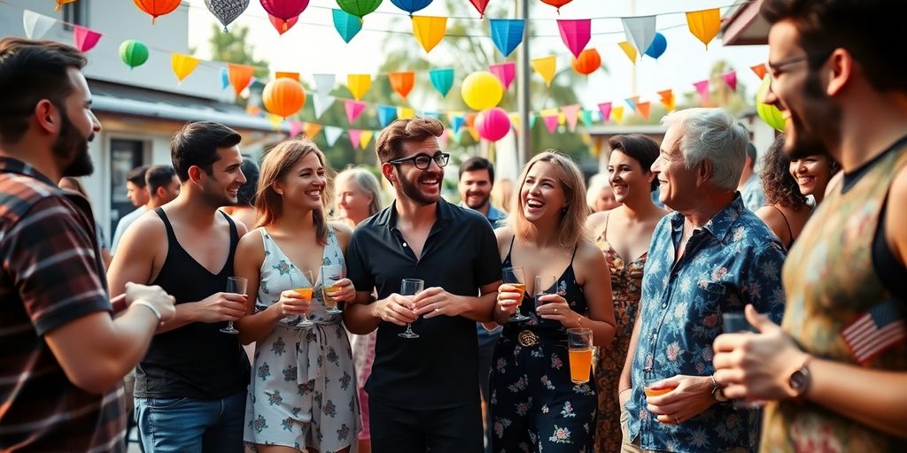 A cheerful gathering of diverse couples enjoying outdoor fun