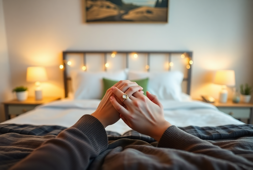A cozy bedroom setting with intertwined hands on a bed