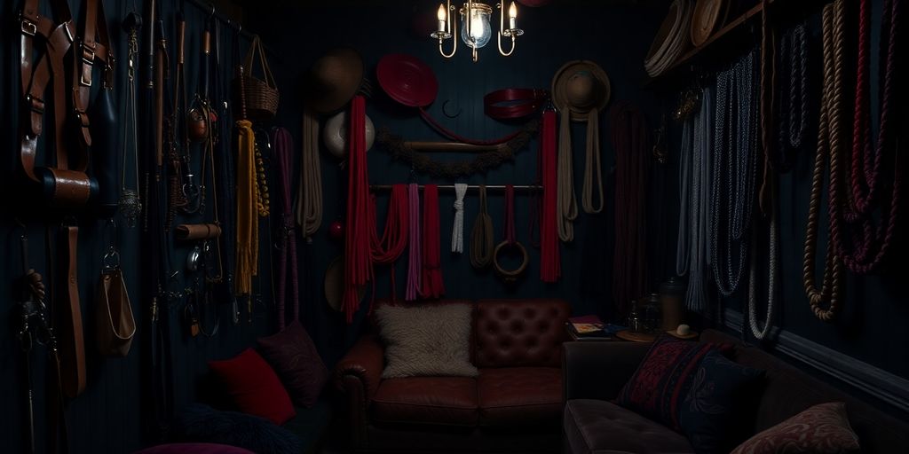 A cozy room filled with colorful kink accessories.