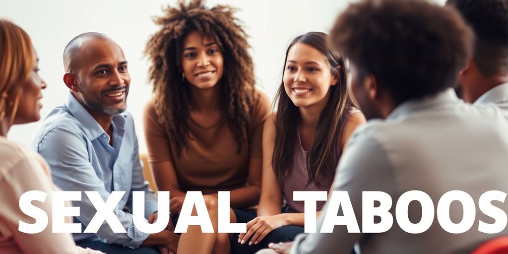 A diverse group discussing sexual taboos in a circle.