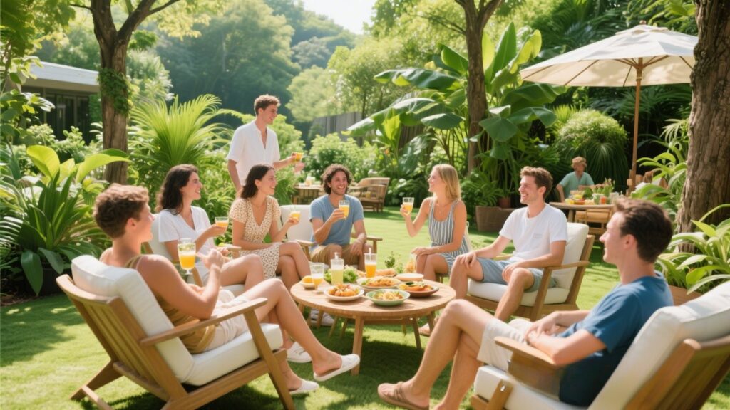A group of people socializing in a lush outdoor space