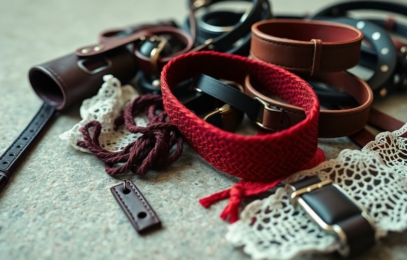 Close-up of various fetish gear on textured surface.