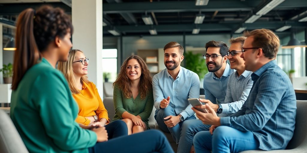 Colleagues discussing openly in a modern office setting.