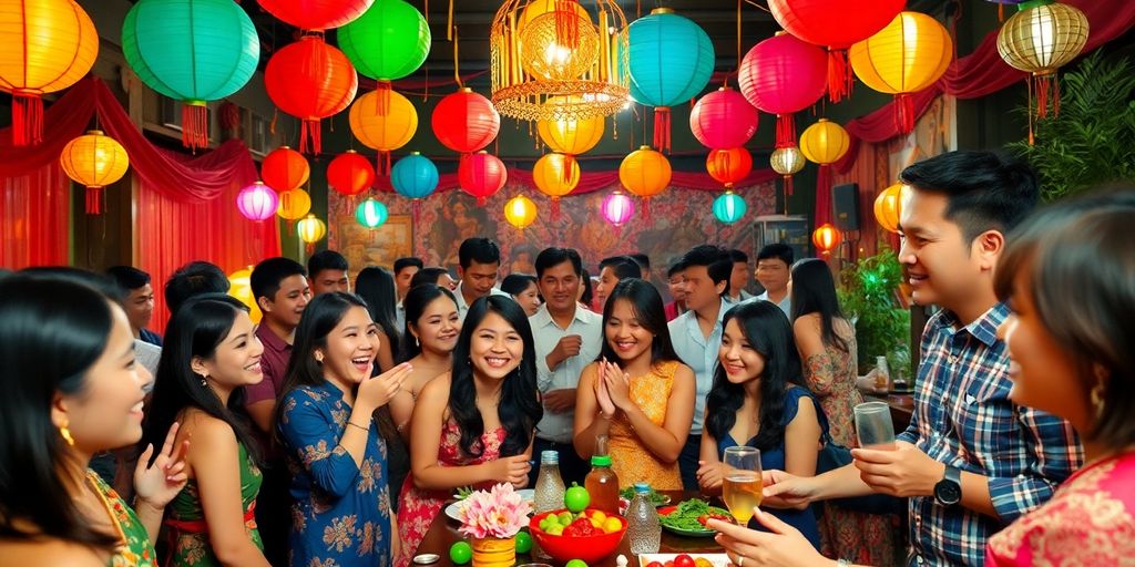 Colorful Thai party scene with guests engaging and celebrating
