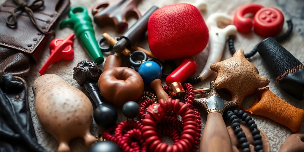 Colorful array of fetish items on a textured surface.