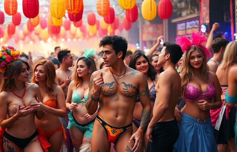 Colorful costumes and lively participants at erotic festival.