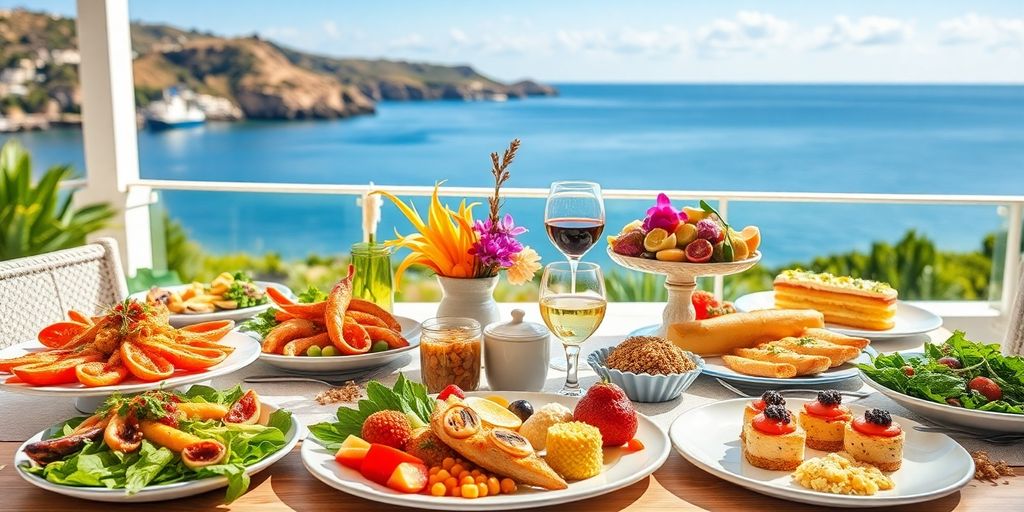 Colorful dishes on a table in sunny Ibiza.