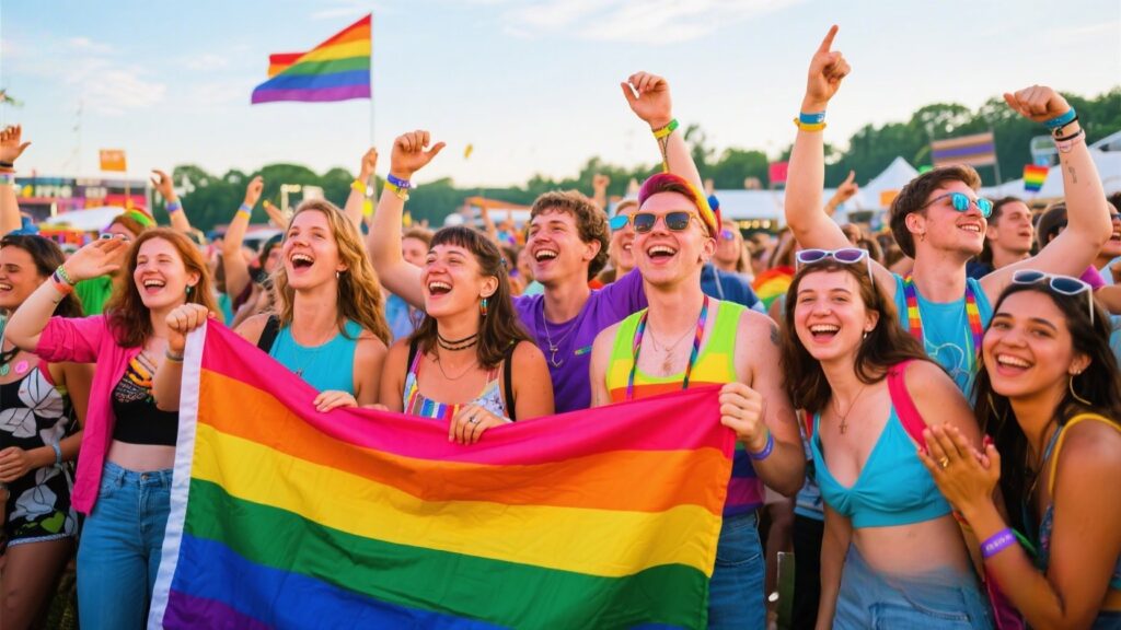Colorful group of people celebrating bisexuality at a festival