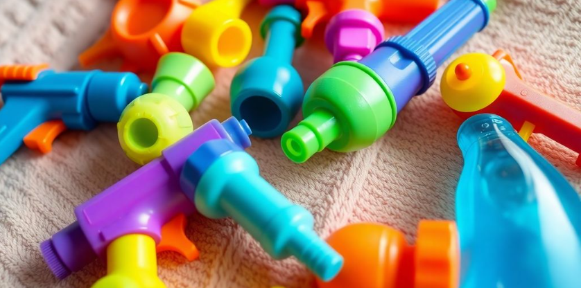 Colorful squirting toys arranged on a soft surface