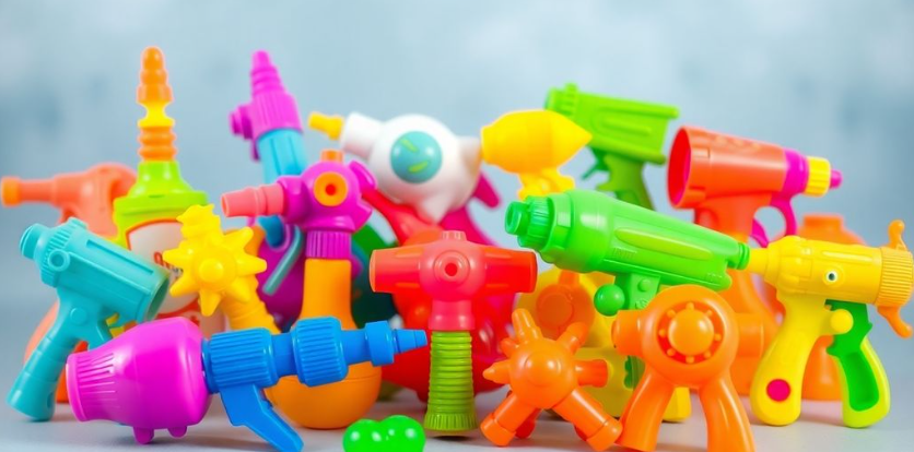 Colorful squirting toys in an artistic arrangement