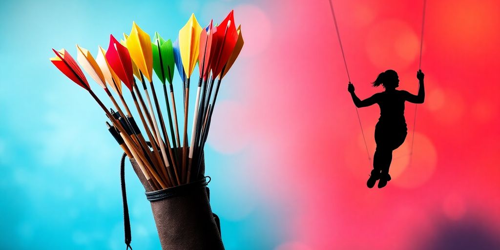 Contrasting quiver of arrows and swinging silhouette in motion