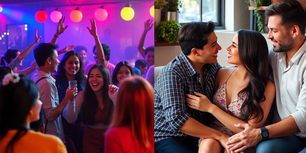 Contrasting scenes of vibrant gatherings and intimate couples