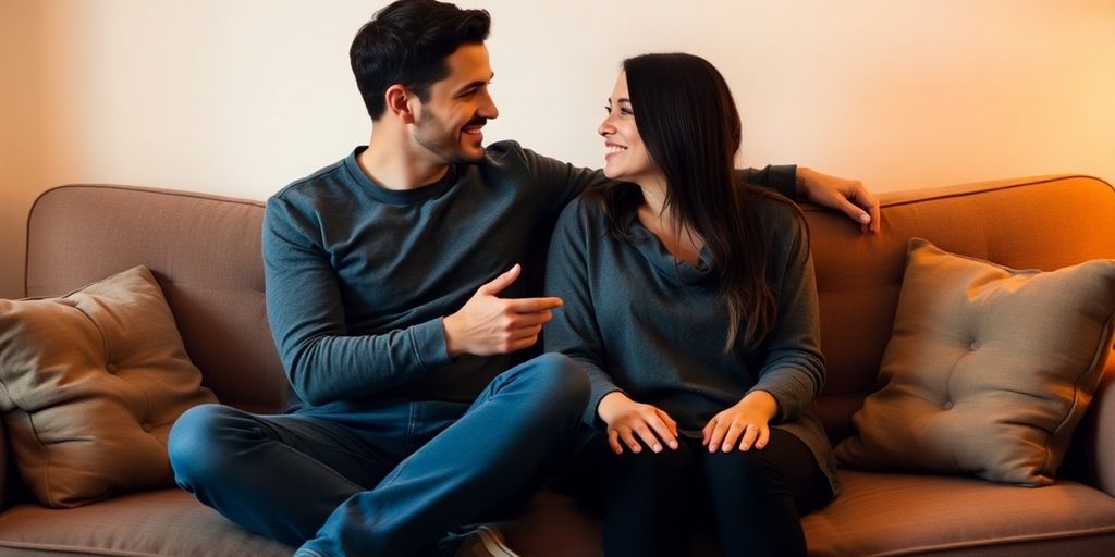 Couple communicating intimately on a cozy sofa
