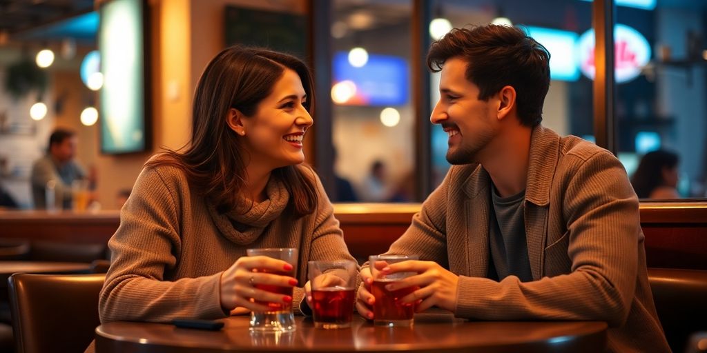 Couple communicating openly at a cafe table