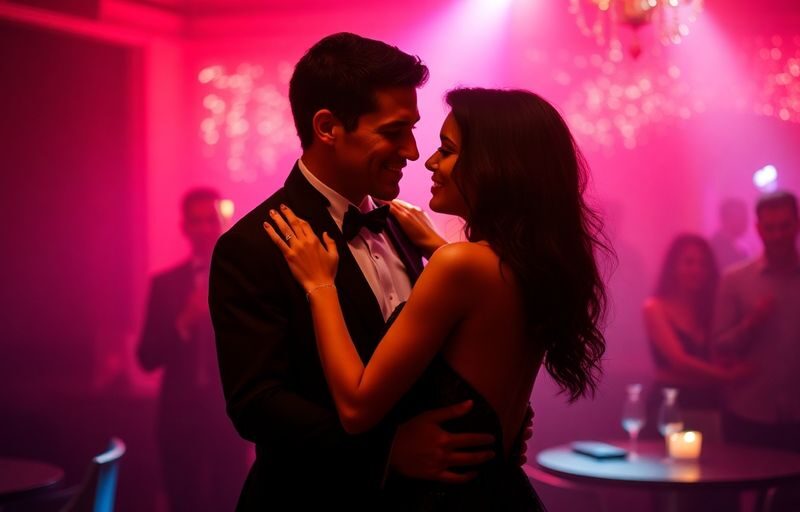 Couple dancing in a romantic, luxurious setting.