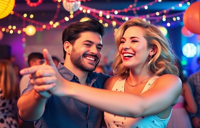 Couple dancing joyfully at a lively party setting