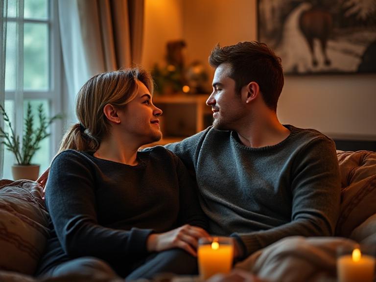 Couple discussing intimacy in a cozy, intimate setting.