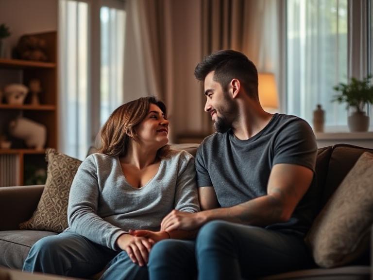 Couple discussing intimacy in a cozy living room.
