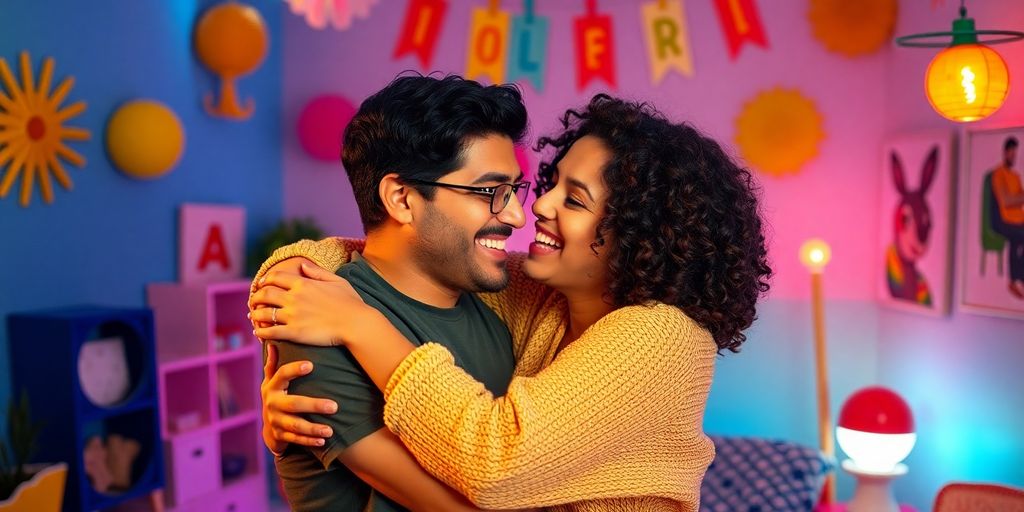 Couple embracing in a colorful, intimate setting