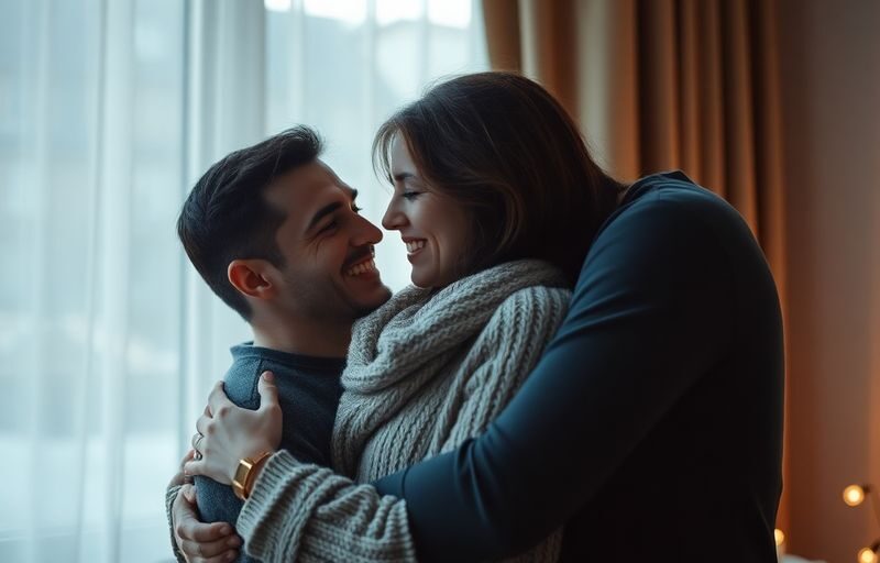 Couple embracing in a cozy, intimate setting.