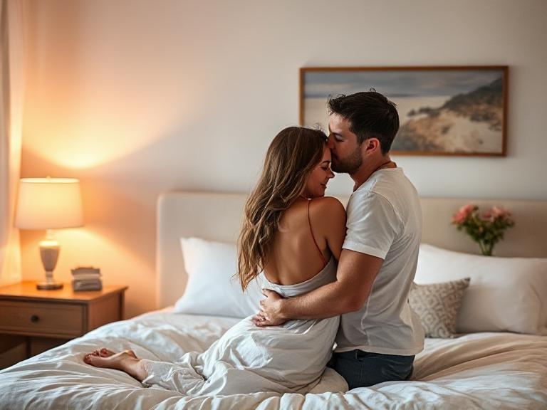 Couple embracing in a softly lit, inviting bedroom