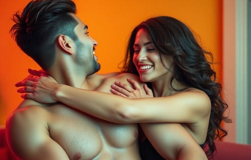 Couple embracing in an intimate, vibrant setting