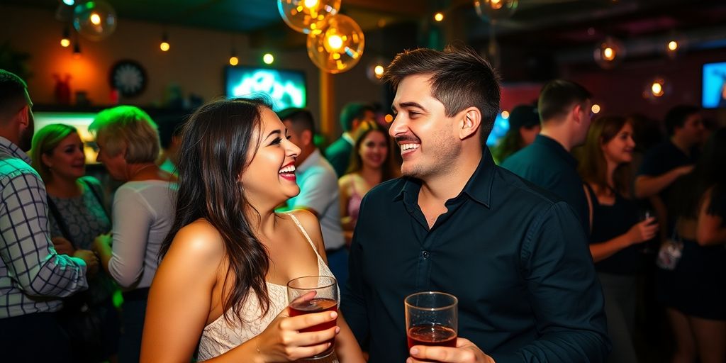 Couple enjoying a lively social gathering in a stylish setting