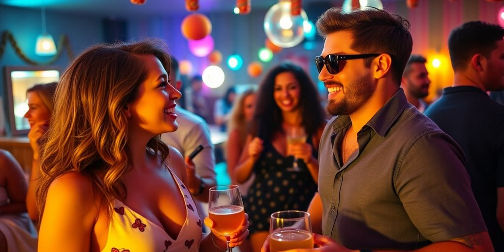 Couple enjoying a lively social gathering with friends