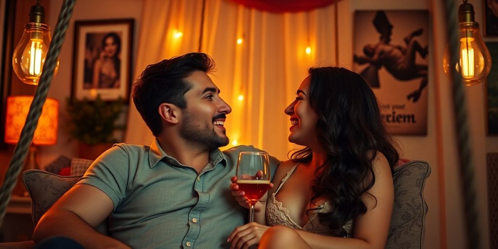 Couple flirting in a cozy, romantic setting