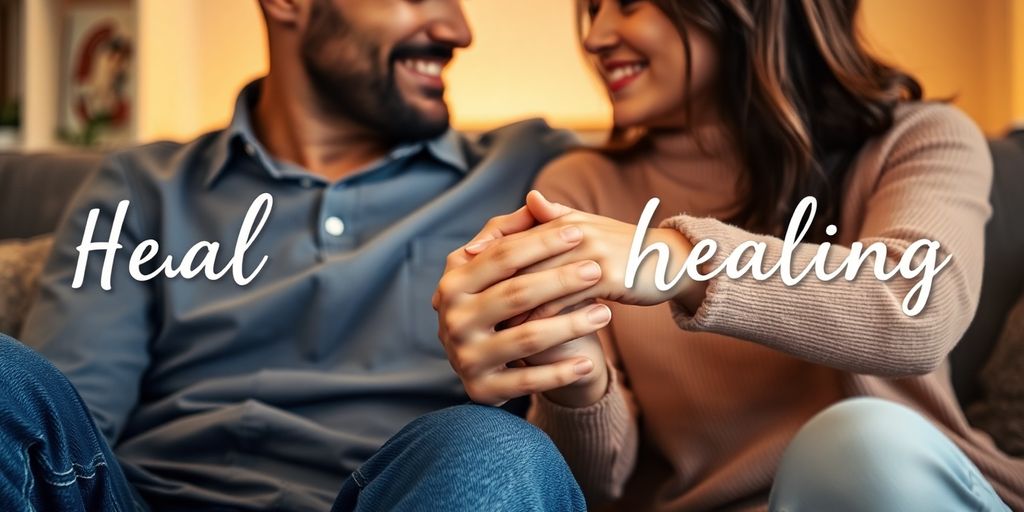 Couple holding hands on a couch, expressing connection.