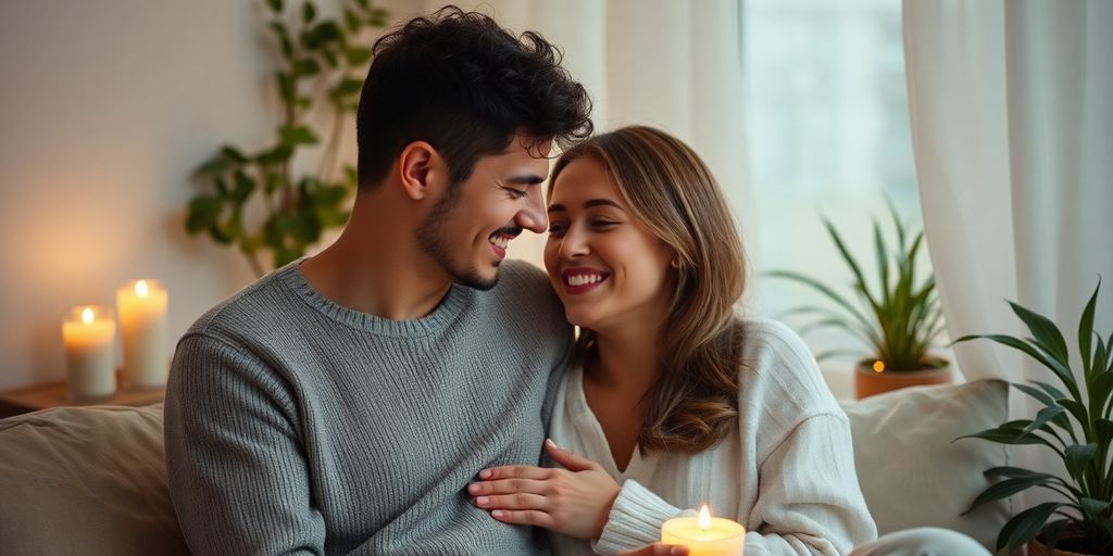 Couple in a cozy room sharing a tender moment.
