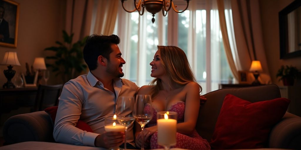 Couple in a cozy setting enjoying a romantic evening