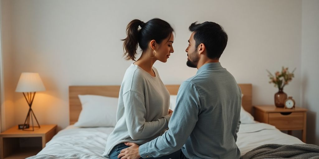 Couple in a peaceful bedroom, sharing an intimate moment.