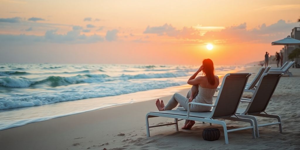 Couple on a romantic beach at sunset.