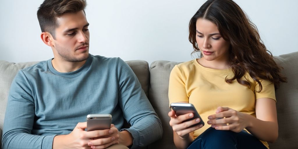 Couple on couch, each absorbed in their phones
