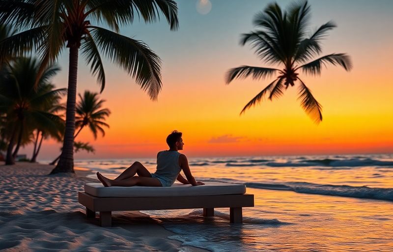 Couple relaxing on a beach at sunset.