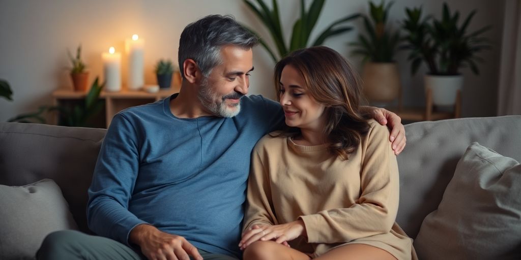 Couple sitting together, conveying intimacy and connection.