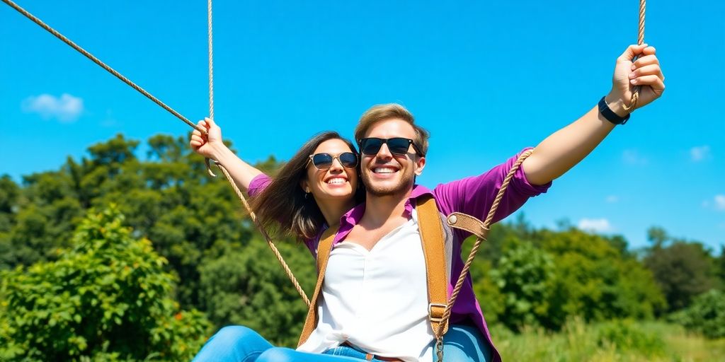 Couple swinging on a quiver amidst lush greenery
