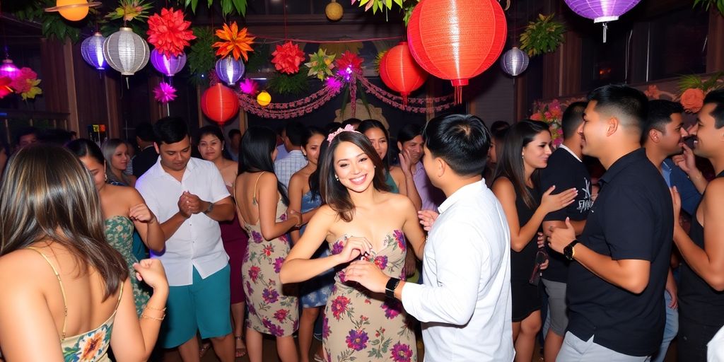 Couples dancing and enjoying a festive Thai party