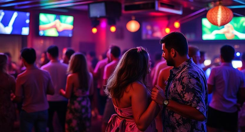 Couples dancing in a lively Honolulu club at night