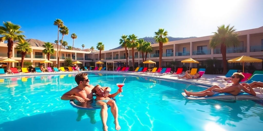 Couples enjoying a colorful pool scene in Palm Springs.