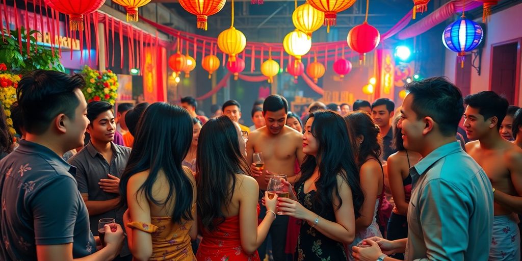 Couples enjoying a lively Thai party atmosphere together