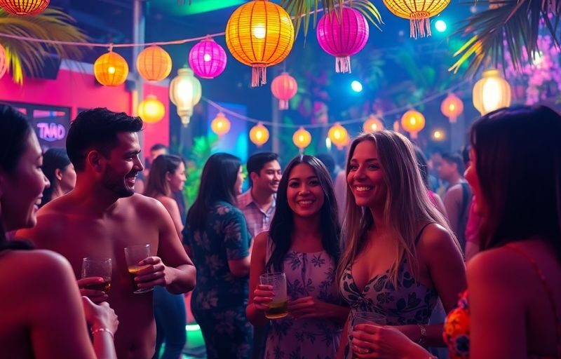 Couples enjoying a lively Thai swinger party atmosphere