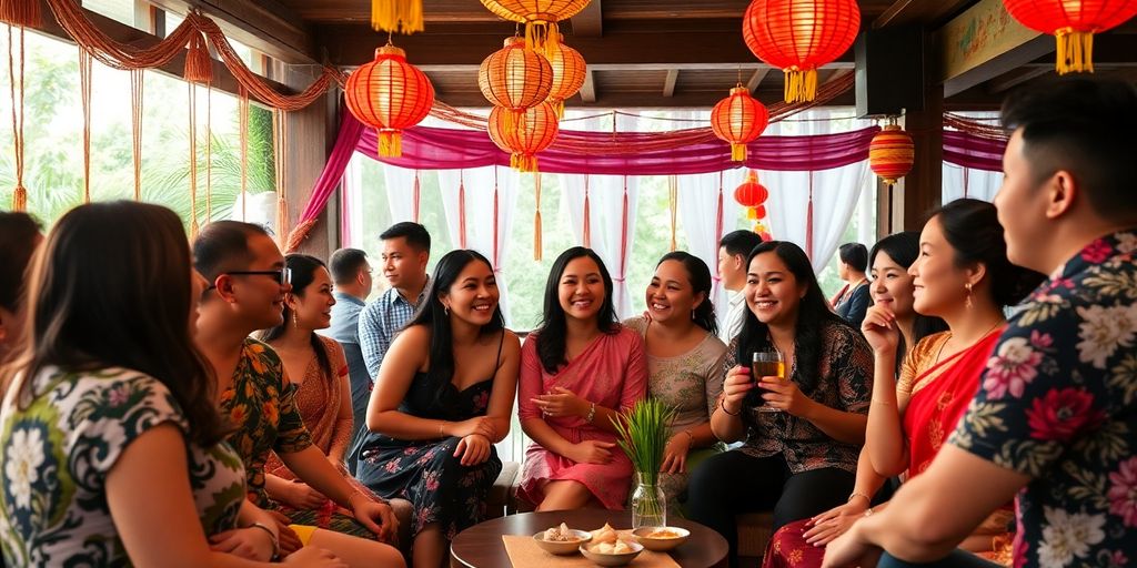 Couples enjoying a lively Thai-themed social gathering