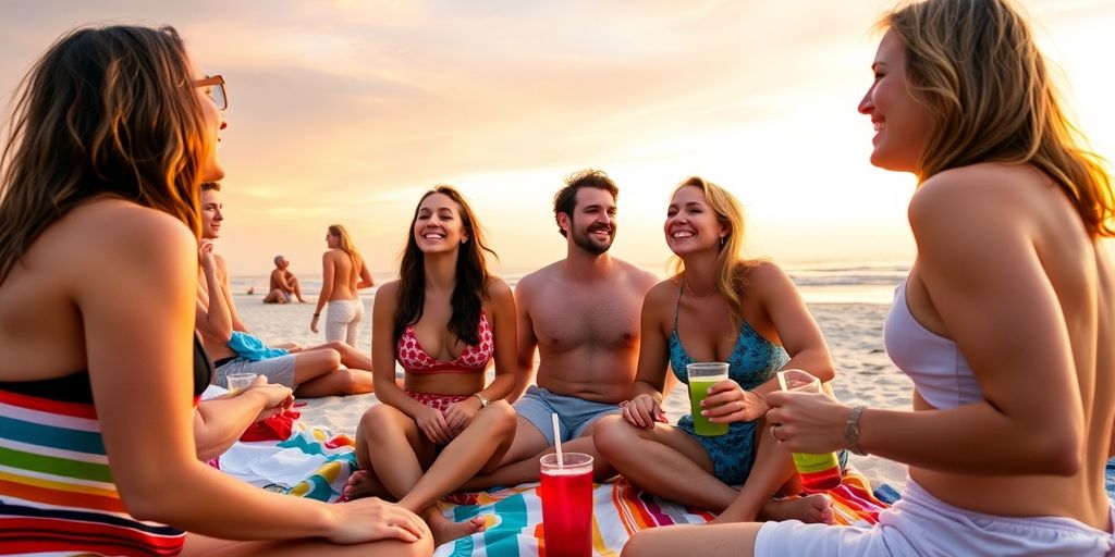 Couples enjoying a lively beach party at sunset